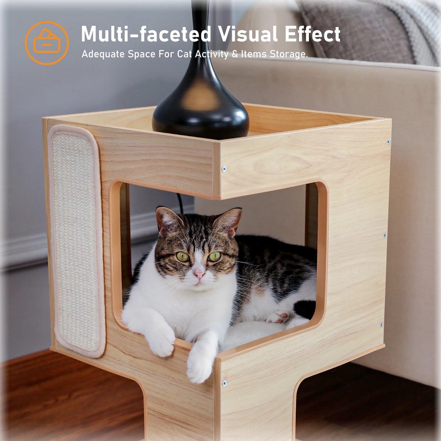 PAWZ Road Wood Cat Condo Bed With Removable Soft Mats And Scratching Pad