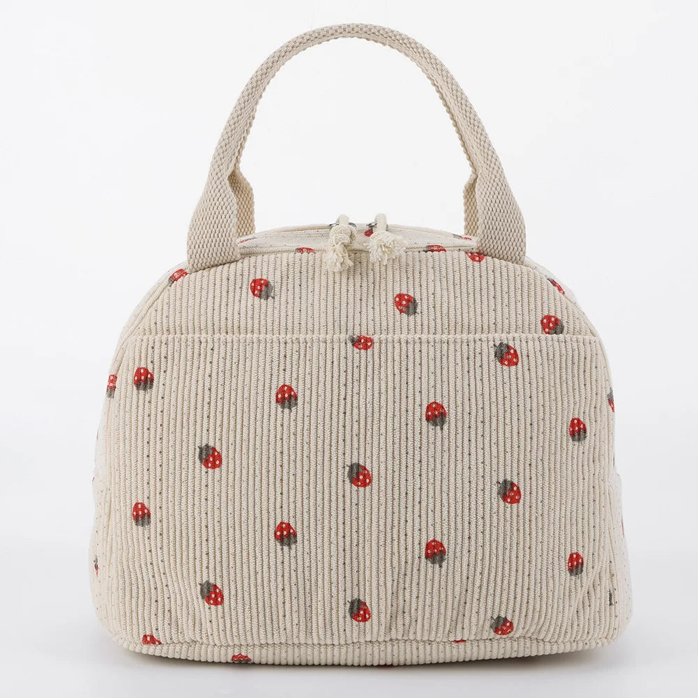 Strawberry Daisy Corduroy Insulated Lunch Bag Large Capacity