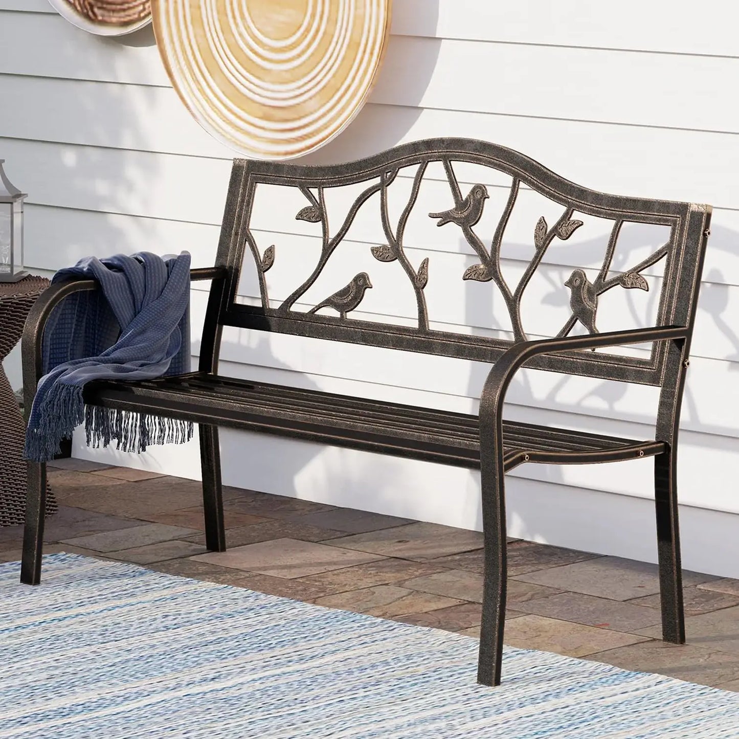 50in Cast Iron Steel Garden Bench Patio Chair w/Floral Backrest Slatted Seat Park Yard Porch Bronze, Customized