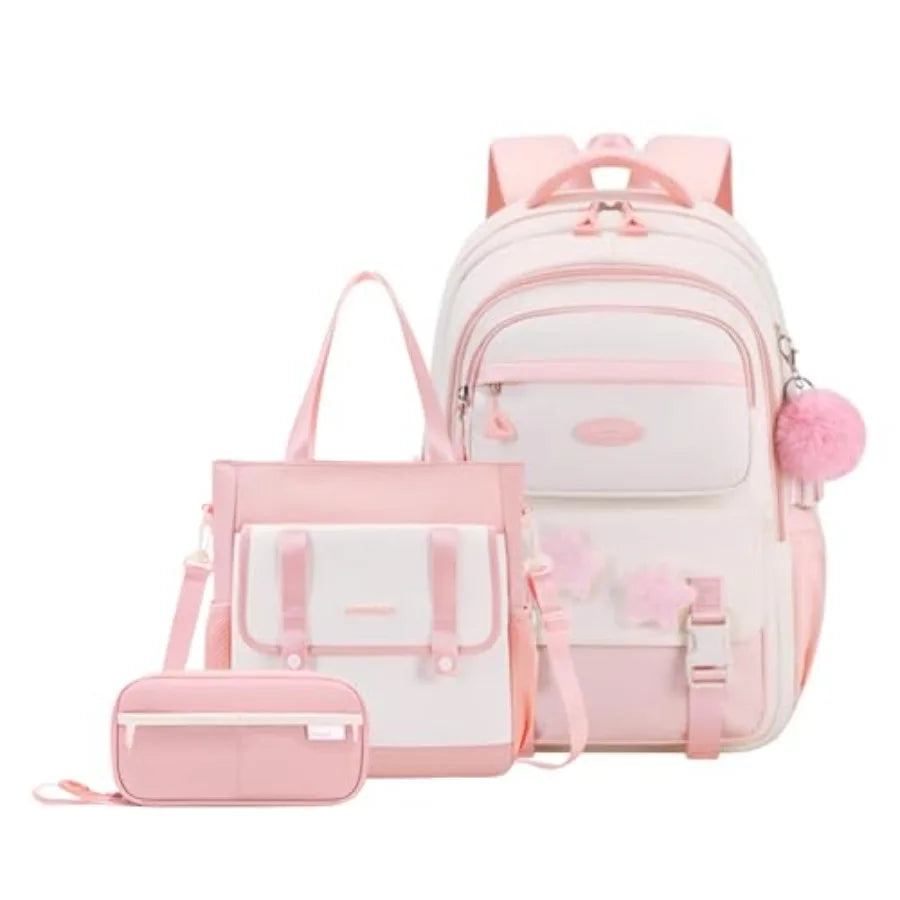 Girls School Backpack Tote With Star Pins And Furry Pendant