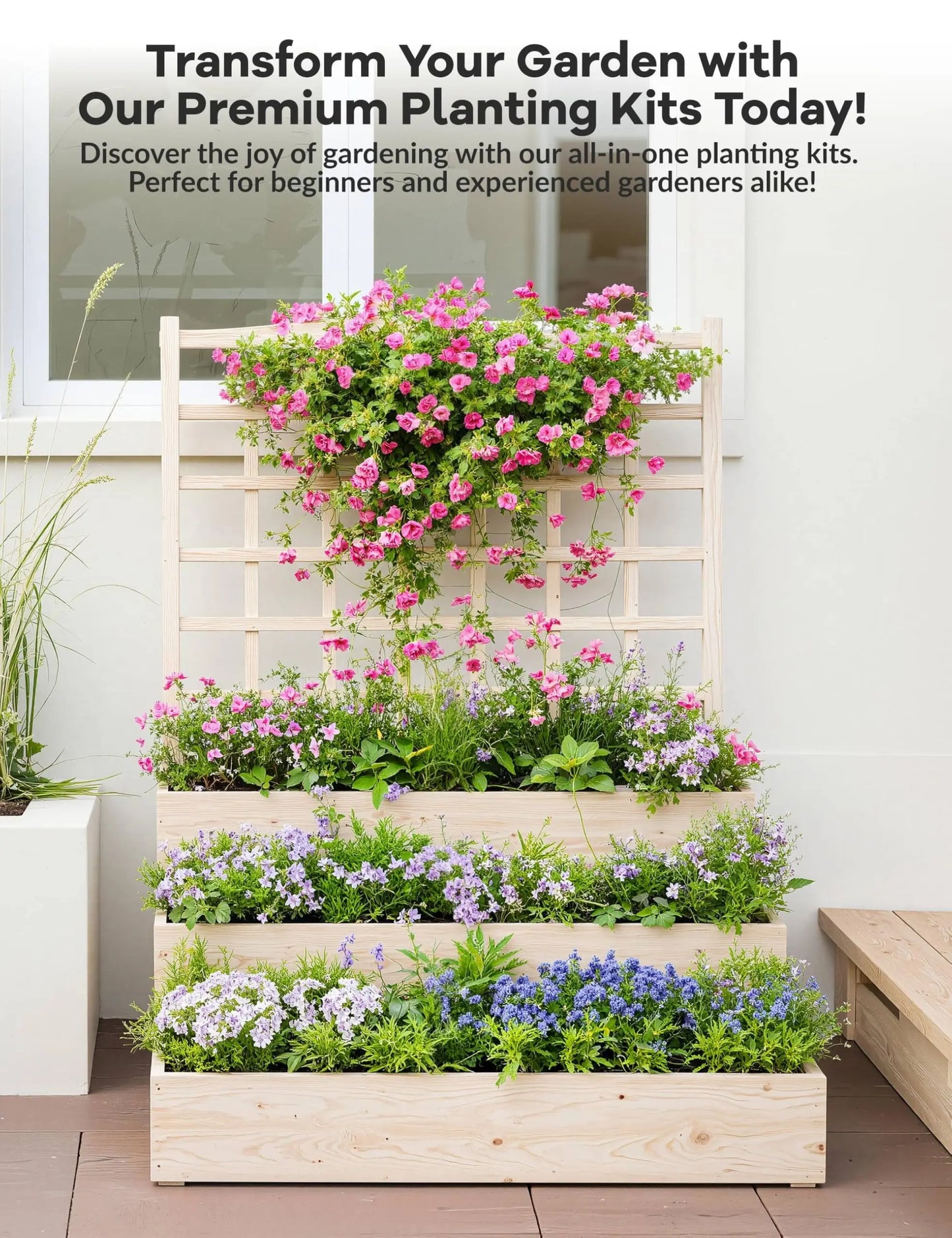 HiMISS 3 Tier Garden Bed With Trellis Wooden Planter Outdoor