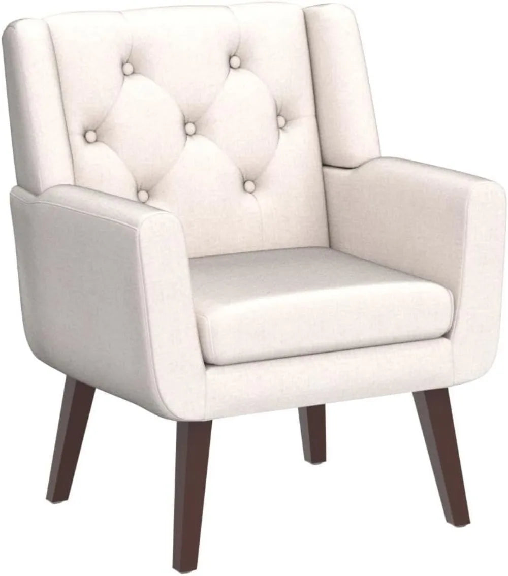 Button-Tufted Upholstered Living Room Chair With Linen Fabric Mid Century