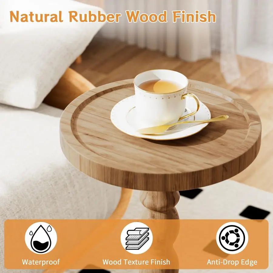 Side Table, Rubberwood Drink Table for Small Spaces, Solid Wood Pedestal Coffee Tables, Round End Tables for Living Room, Sofa C