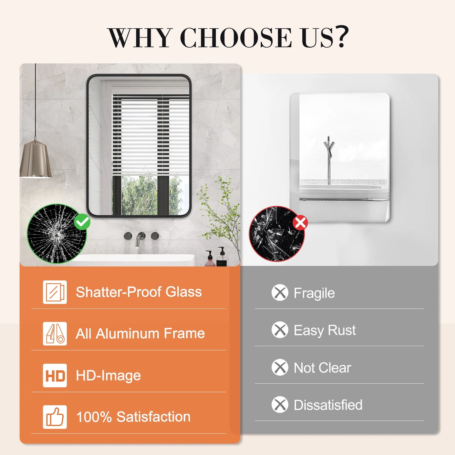 JHK Matte Metal Framed Bathroom Mirror Rectangle Rounded Corner Tempered Glass
