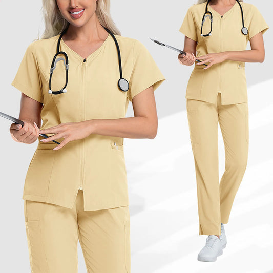 Women's Nurse Scrub Set V-Neck Short Sleeve Zipper Medical Uniform
