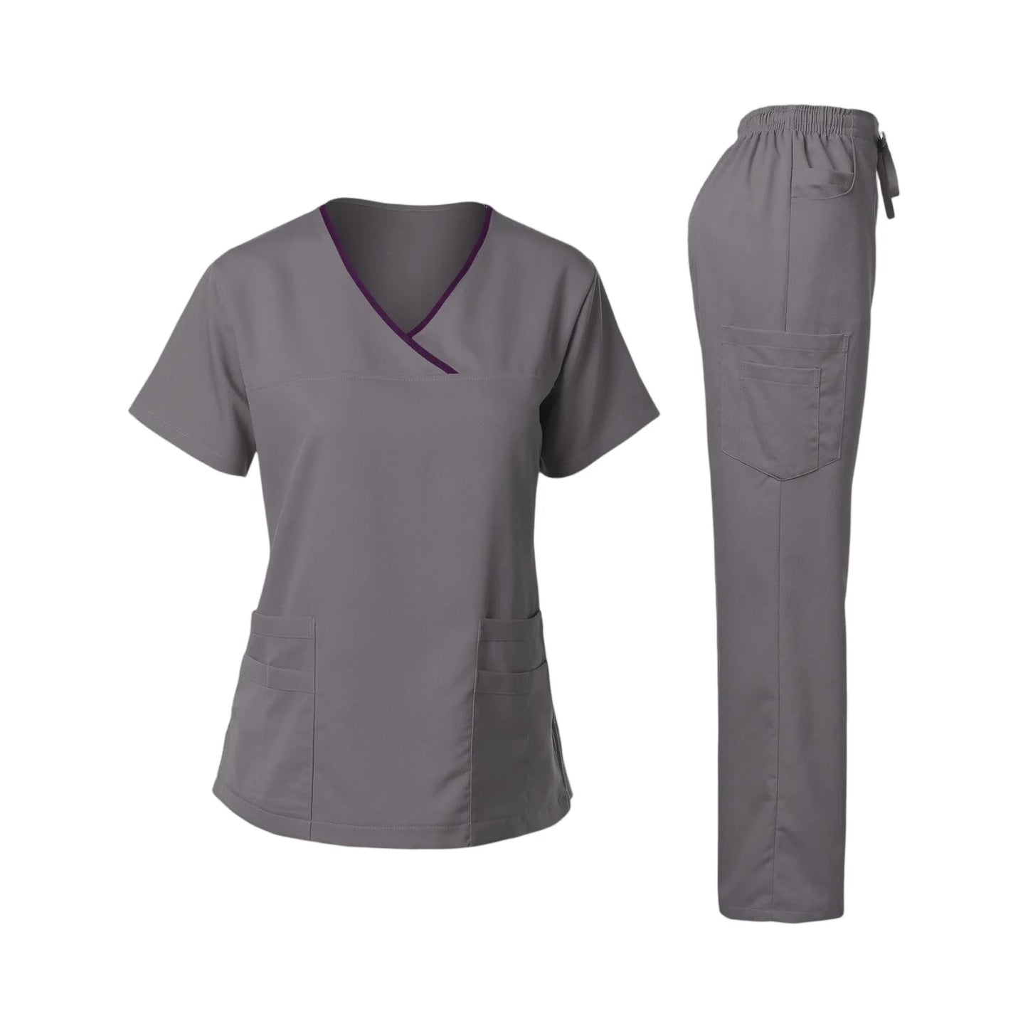 Women's Nurse Scrub Set V-Neck Short Sleeve Multi-Pocket Medical Scrubs
