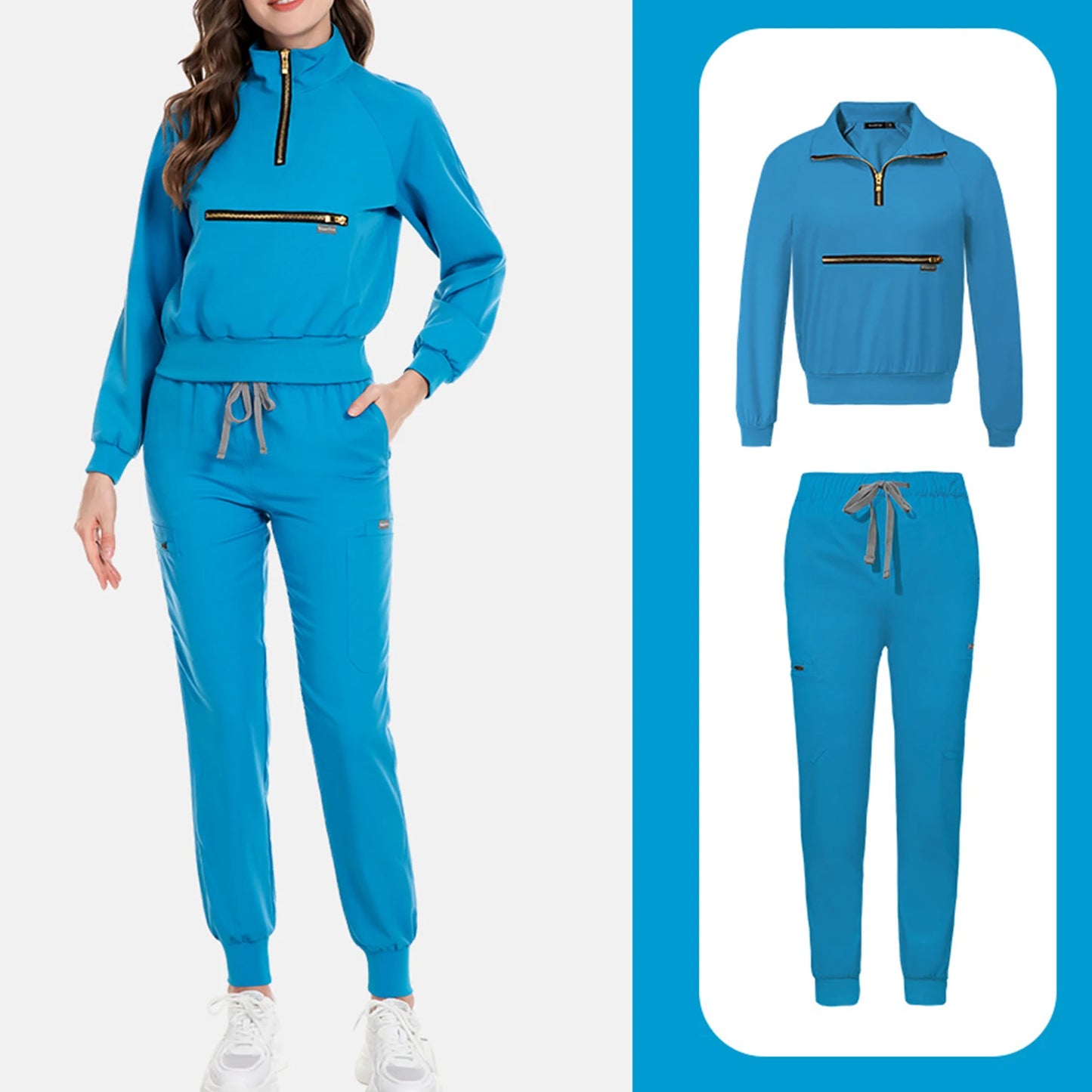 Women Nurse Scrub Set Stand Collar Zip Long Sleeve Uniform