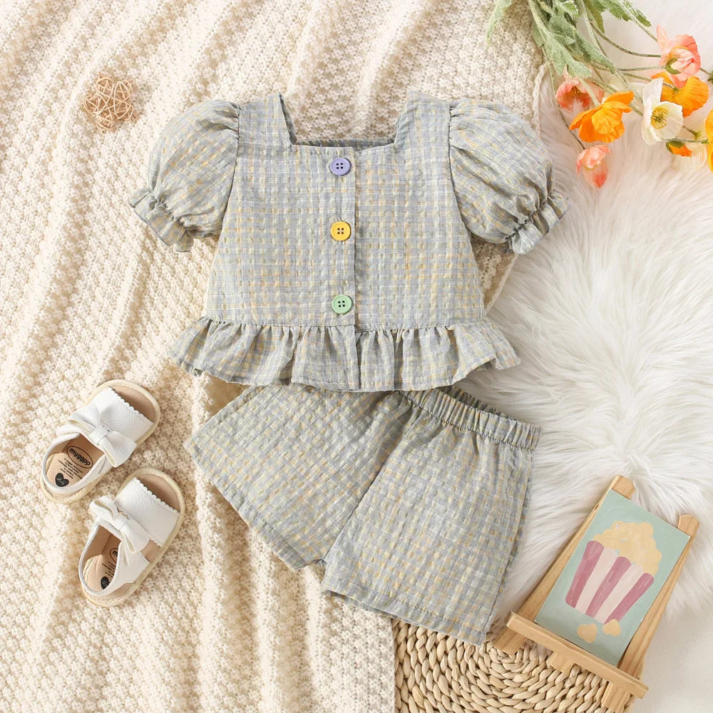 Girls Summer Cotton Plaid Bubble Sleeve Top And Shorts Set