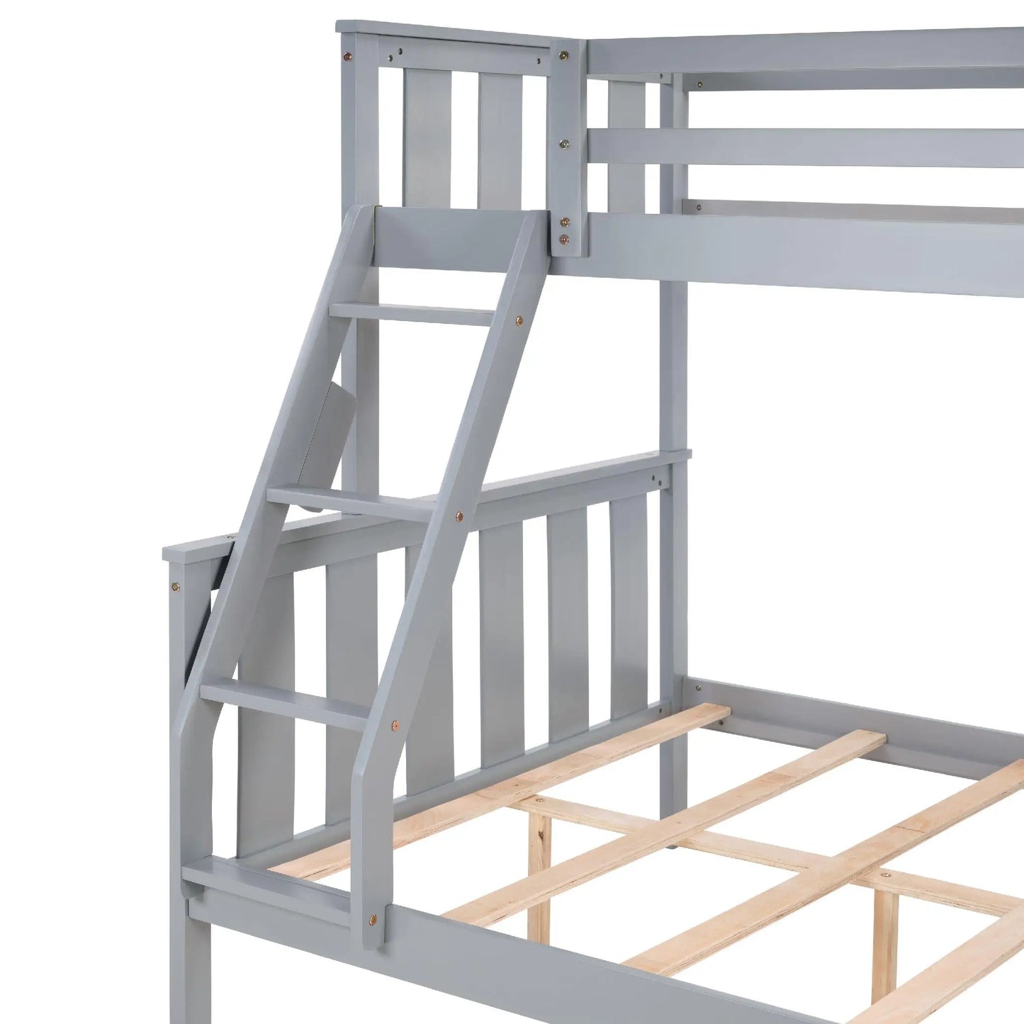 Twin Over Full Size Wood Bunk Bed with Flexible Ladder Solid Wood Frame Strong Slats for Kids Teens Dorm Rooms Gray