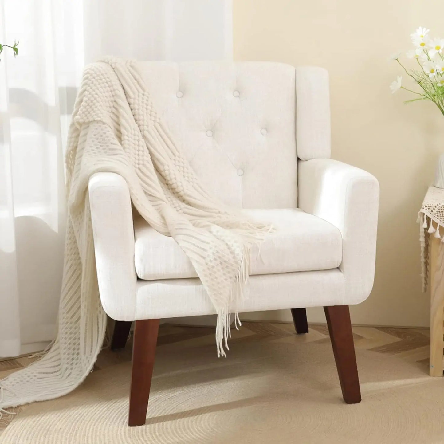 Button-Tufted Upholstered Living Room Chair With Linen Fabric Mid Century