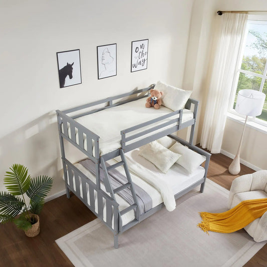 Twin Over Full Size Wood Bunk Bed with Flexible Ladder Solid Wood Frame Strong Slats for Kids Teens Dorm Rooms Gray
