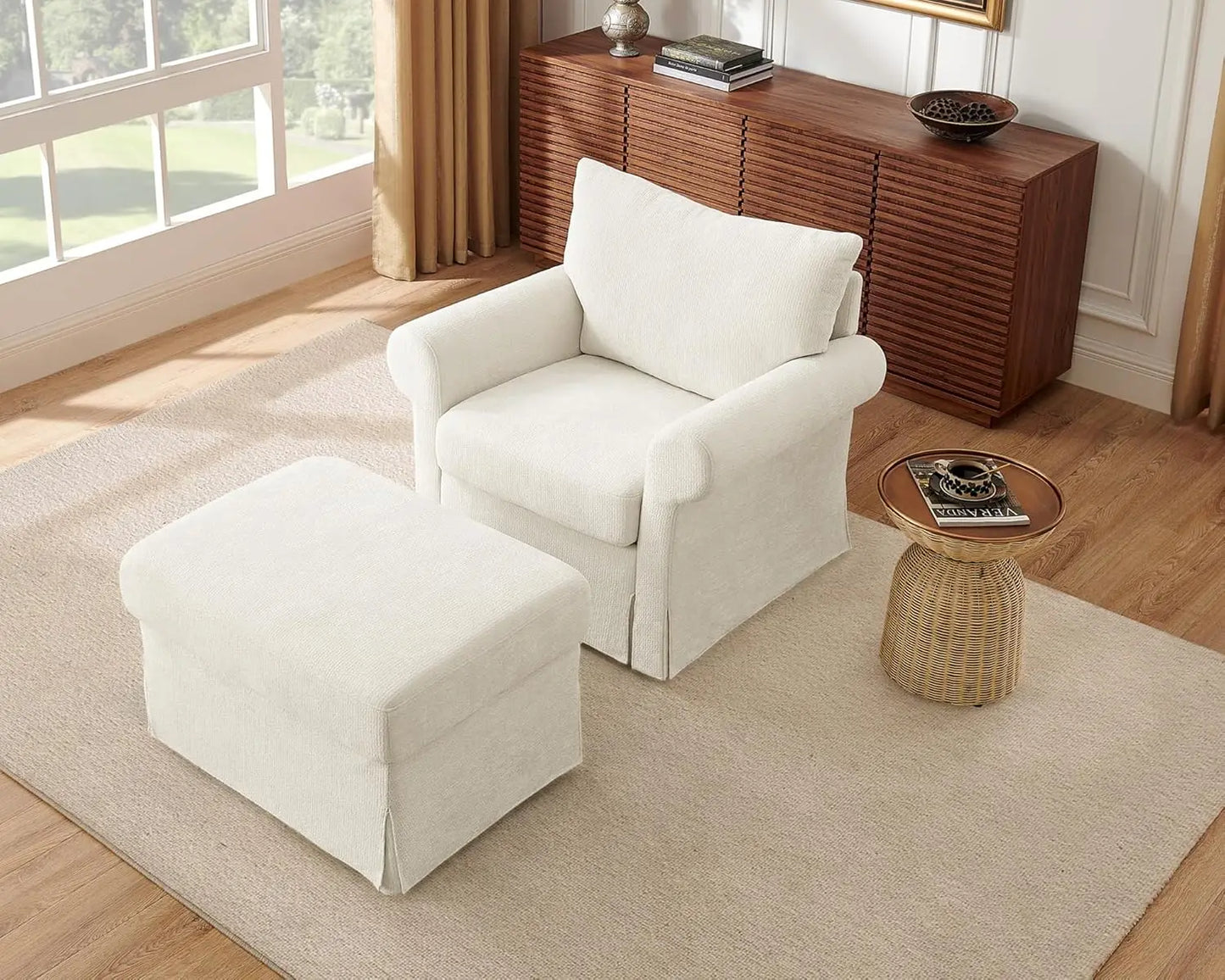 Modern Chenille Reading Armchair With Ottoman Set For Relaxation