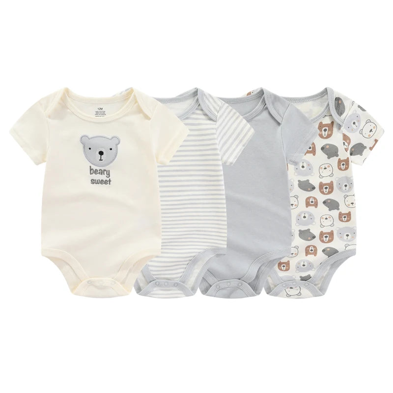 Cartoon Summer Cotton Bodysuits 4 Piece Unisex Baby Jumpsuit Set
