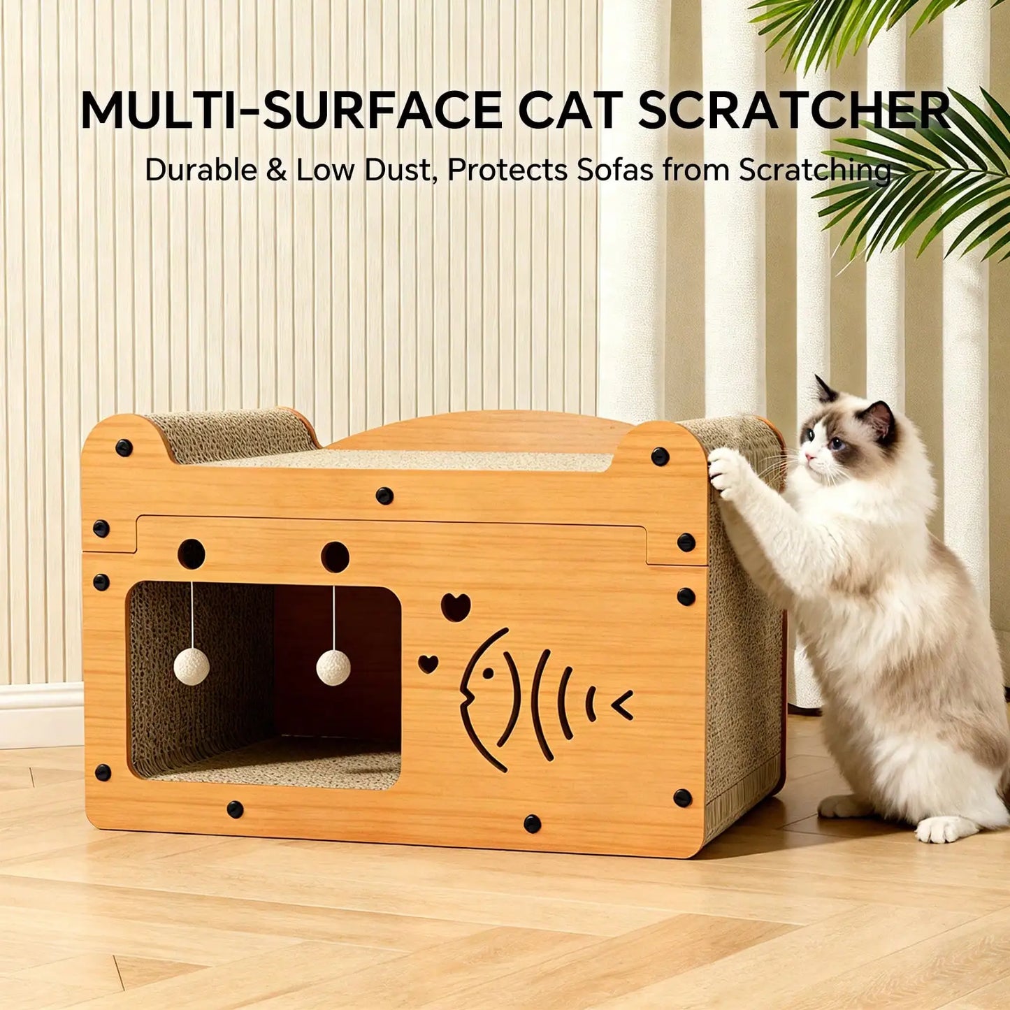 Cat Cardboard Scratcher And Resting Bed With Hanging Toys
