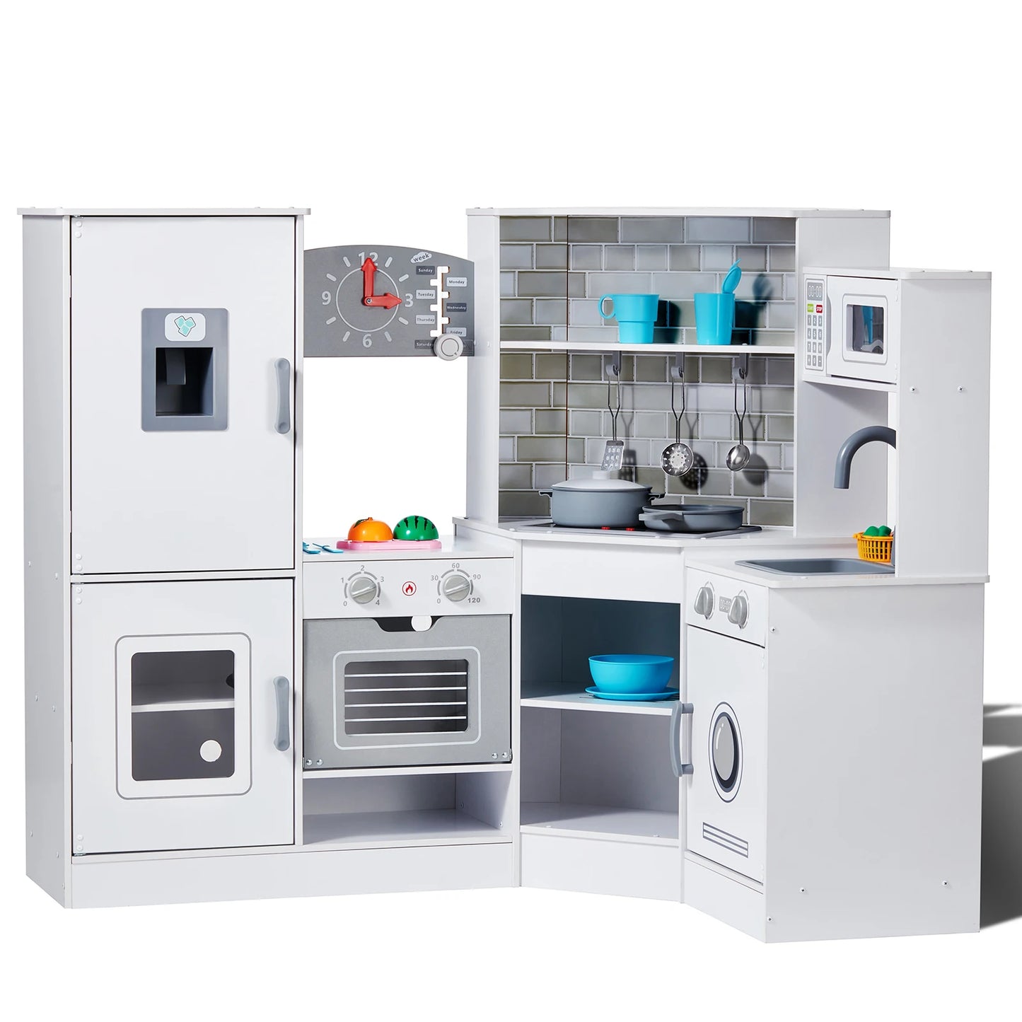 SucceBuy Corner Wooden Play Kitchen Set With Lights And Sounds