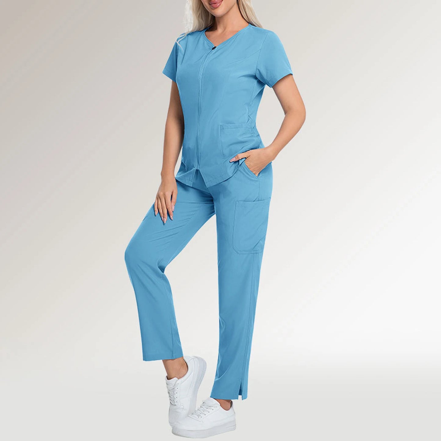 Women's Nurse Scrub Set V-Neck Short Sleeve Zipper Medical Uniform