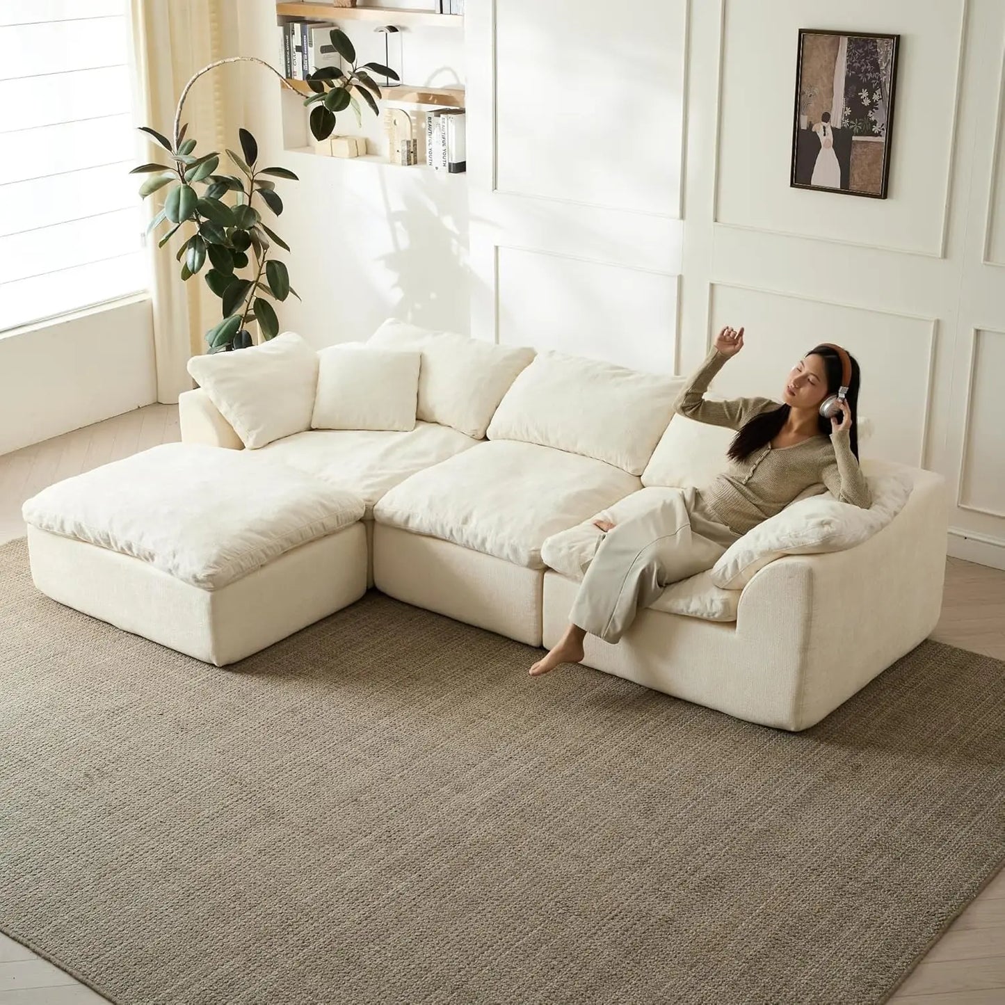 110in Modular Sectional Sofa L-Shape Convertible Sofa Bed with Ottoman 3 Seater Living Room Furniture Custom