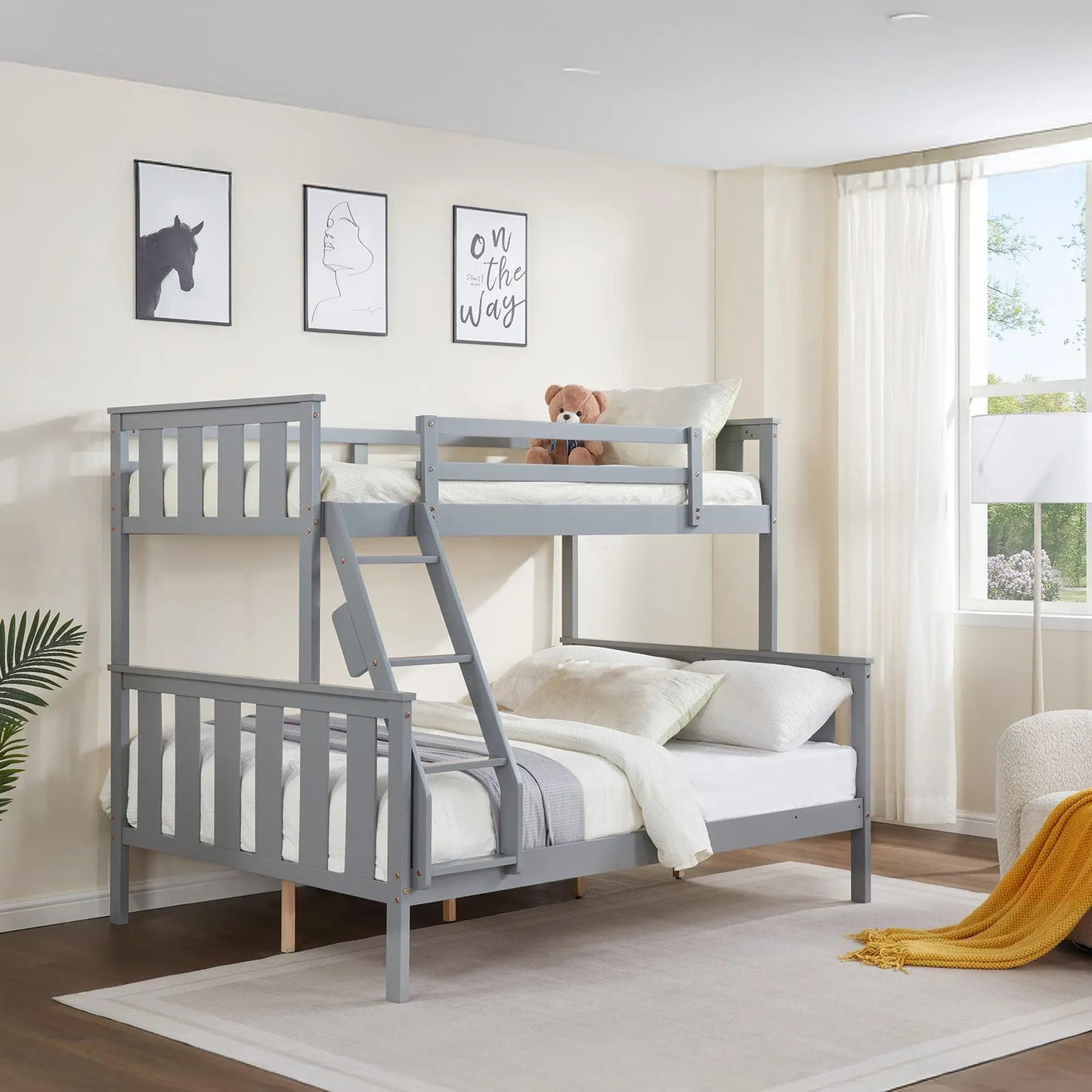 Twin Over Full Size Wood Bunk Bed with Flexible Ladder Solid Wood Frame Strong Slats for Kids Teens Dorm Rooms Gray