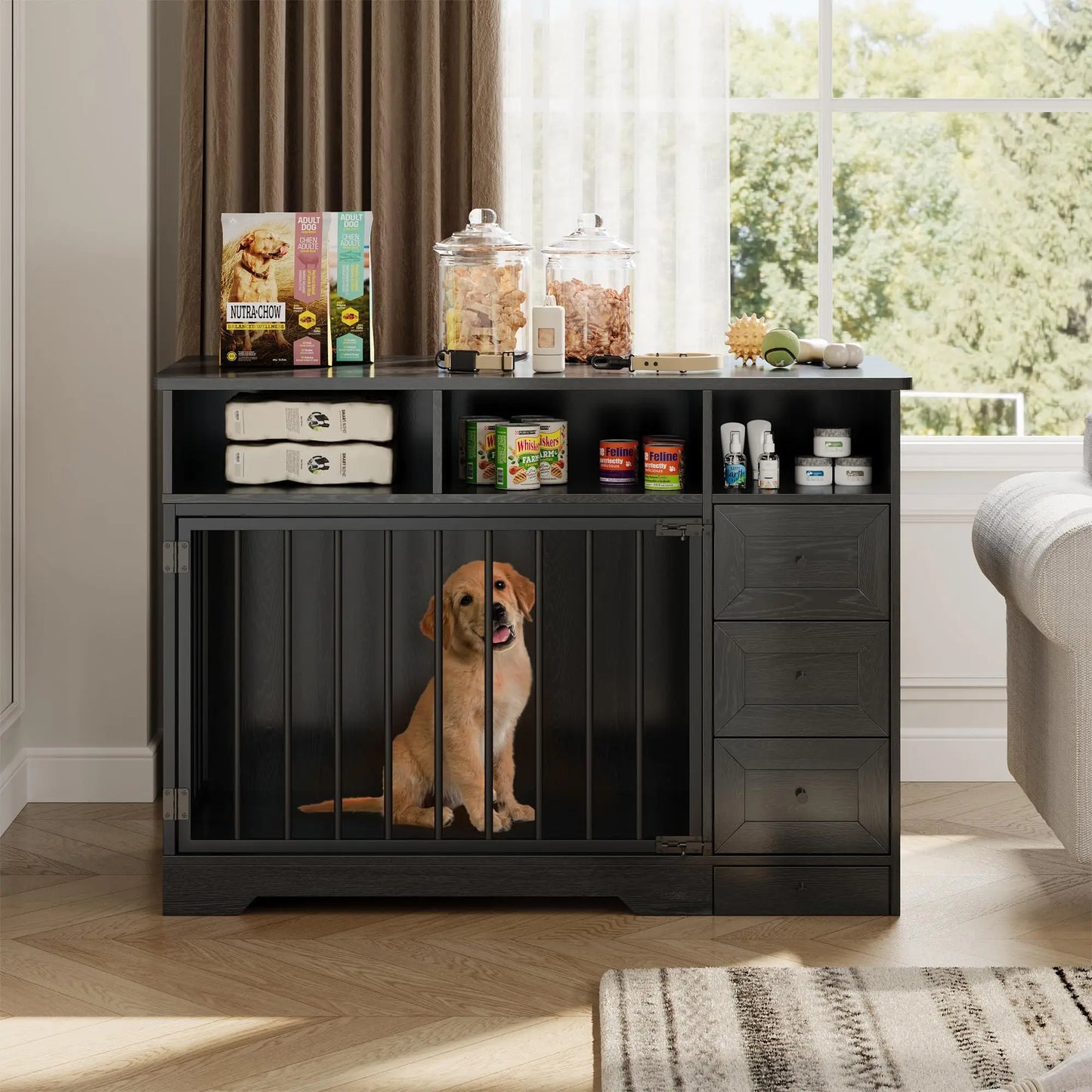 HiMISS Farmhouse Wooden Dog Crate with Storage and Feeding Station