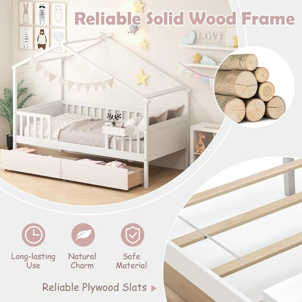 Kids Twin House Bed With Drawers And Wooden Frame
