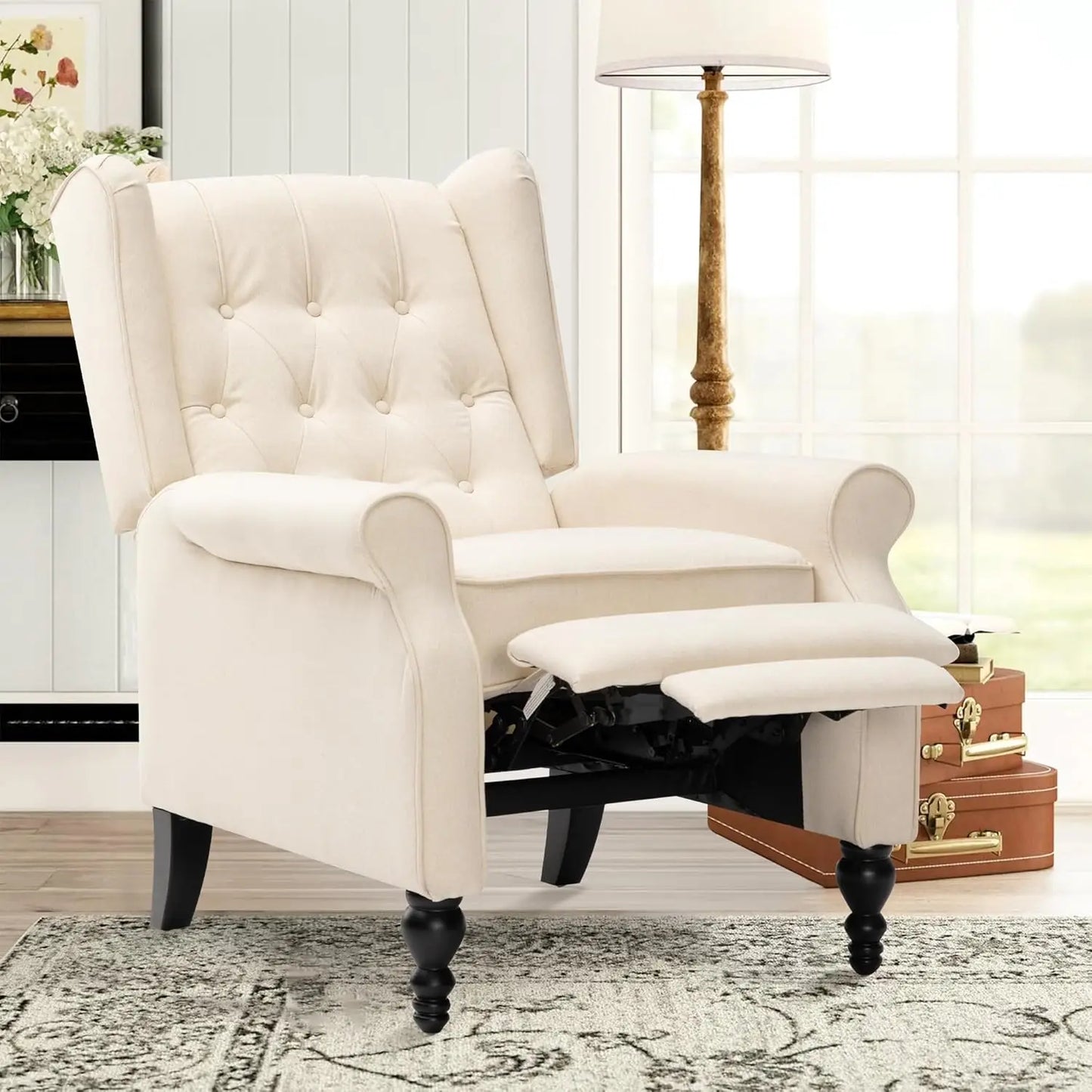 Mid Century Wingback Linen Recliner Chair With Button Tufted Upholstery