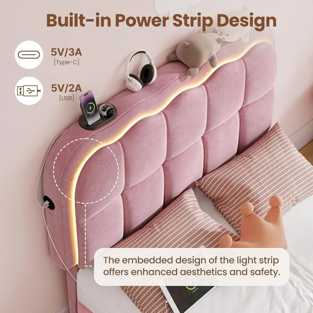 Velvet LED Platform Bed Frame With Storage And USB Charging