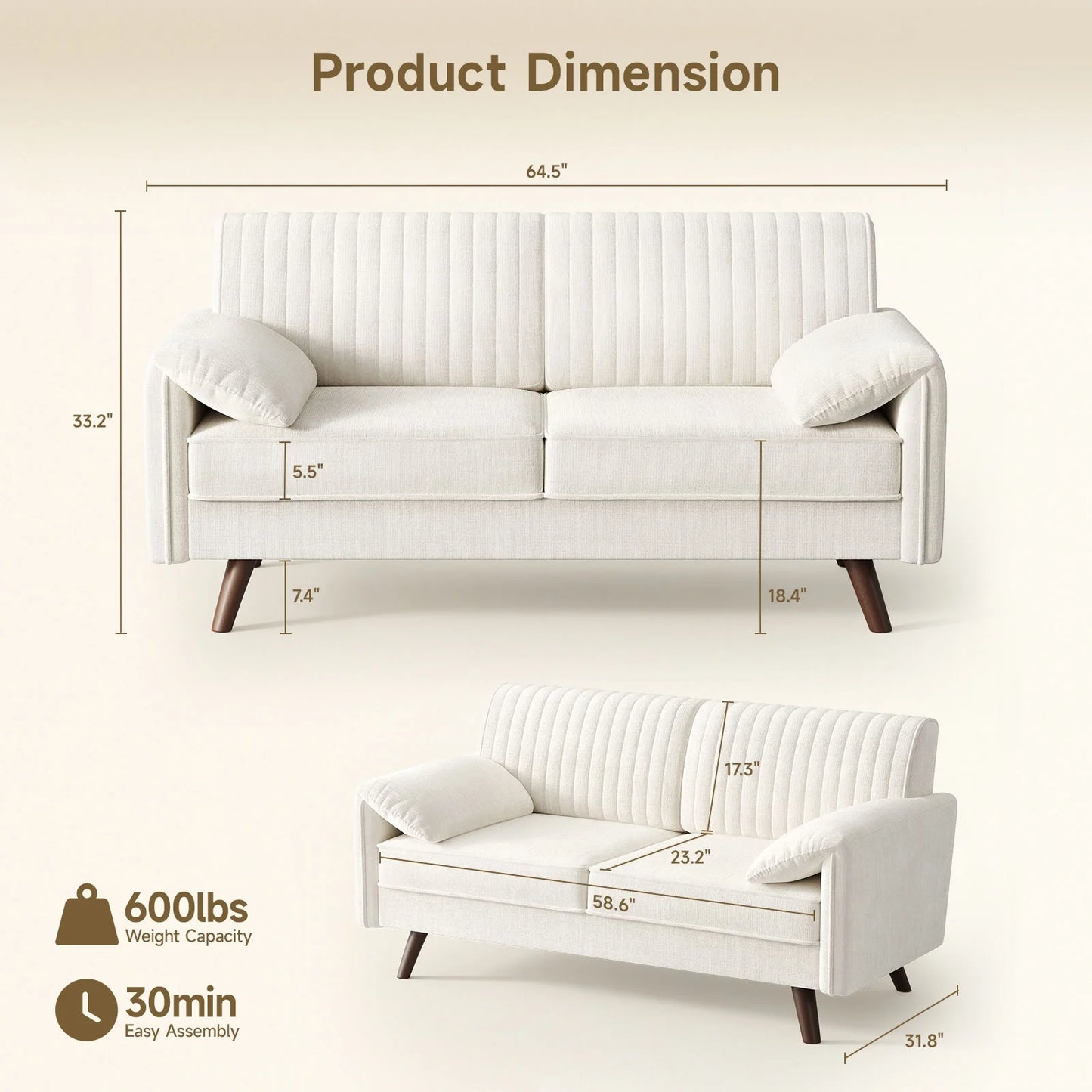 64.5" Loveseat Sofa, Chenille Loveseat, Small Couch for Living Room, Deep Seat Love Seat Comfy Couches for Small Spaces