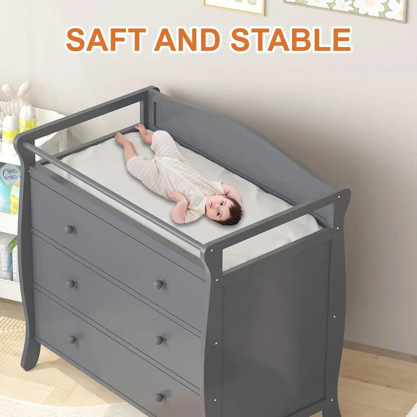 3 Drawers Baby Changing Table Wooden Diaper Changing Station With Safety Belt & Rails Toddler Dresser For Nursery Bedroom