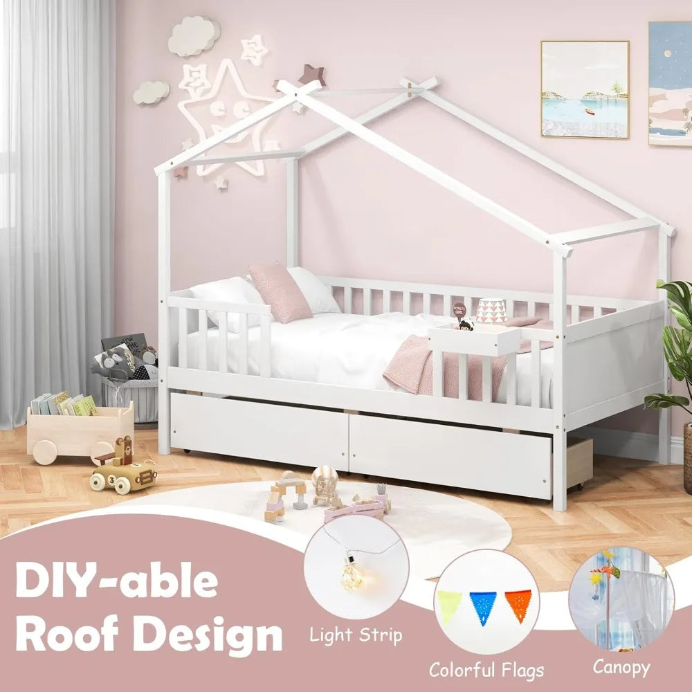Kids Twin House Bed With Drawers And Wooden Frame