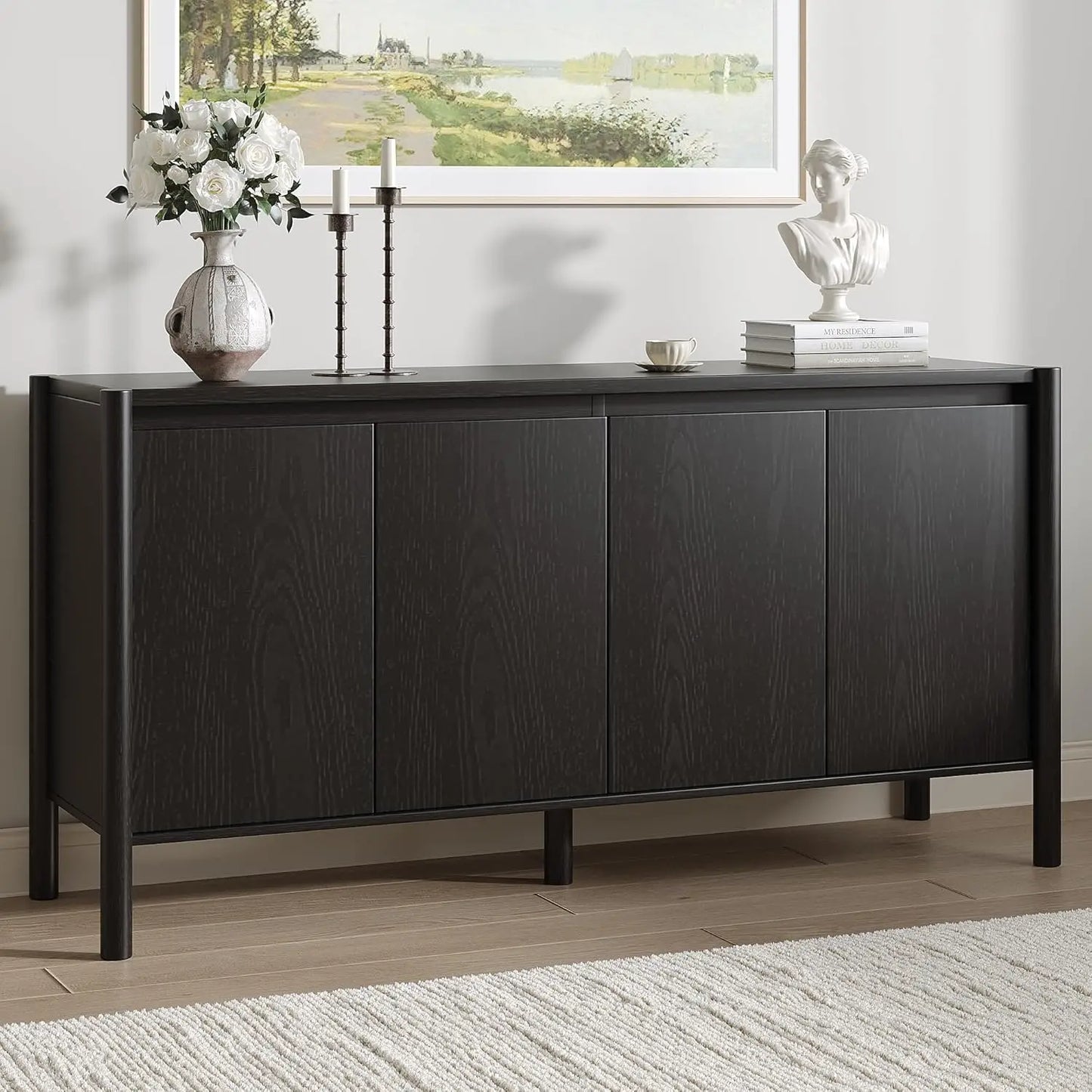 HUANZHUANG Walnut Buffet Cabinet With 4 Doors And Shelves