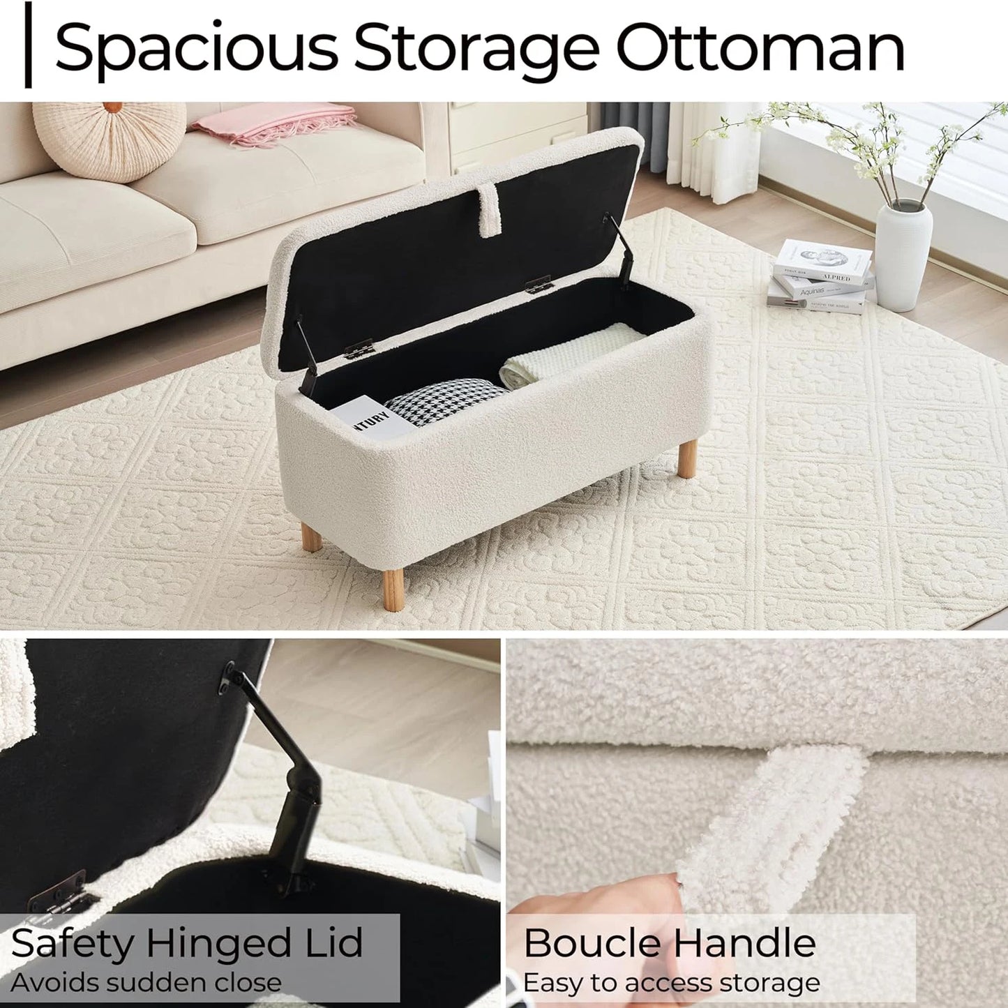 Todrani Boucle Storage Ottoman Bench With Sherpa Upholstery Entryway