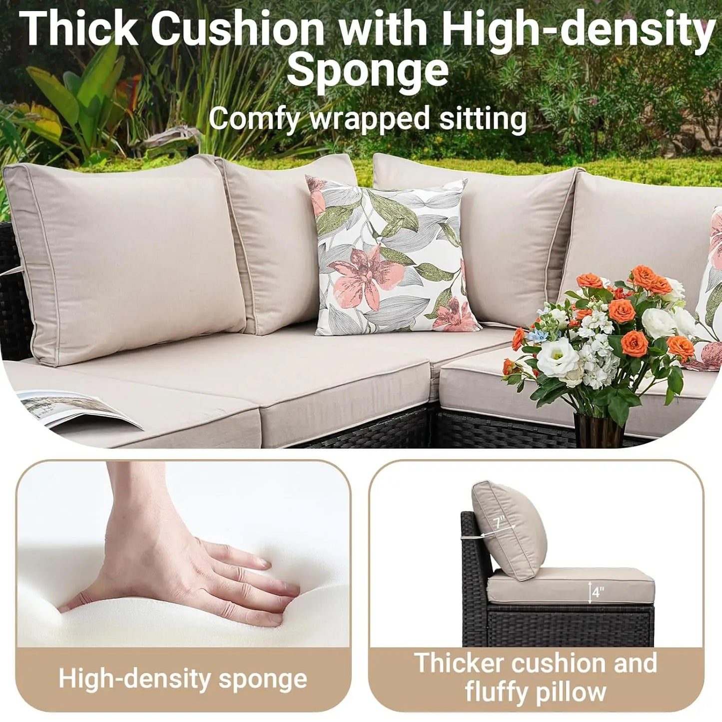 Patio Outdoor Wicker Sectional Sofa Set With Glass Table