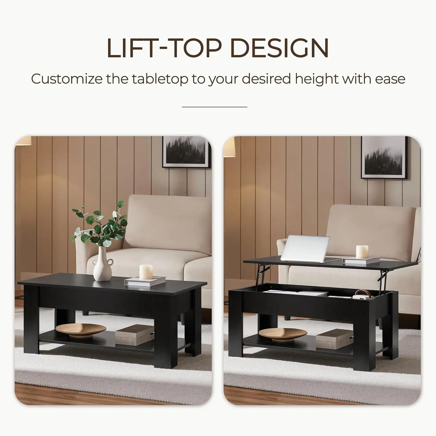 Wooden Coffee Table, Lift Top Coffee Table with Large Hidden Storage Shelf, Lift Tabletop Dining Tables for Living, Customized