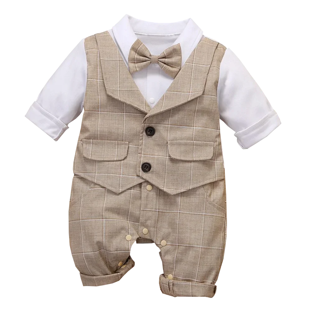 Kabeier Plaid Cotton Toddler Boy Formal Romper Vest Outfit