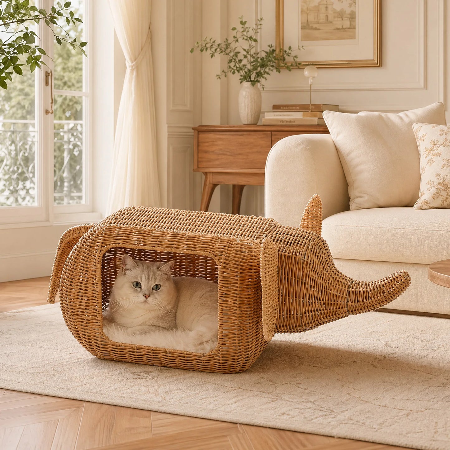 PEQULTI Elephant Rattan Cat Condo Bed With Plush Cushioned Hideaway