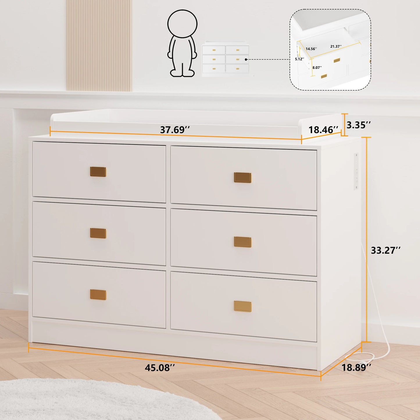 Dresser for Bedroom with 6 Drawers, Changing Table Dresser with Changing Table Top, Nursery Dresser Diaper Changing Station