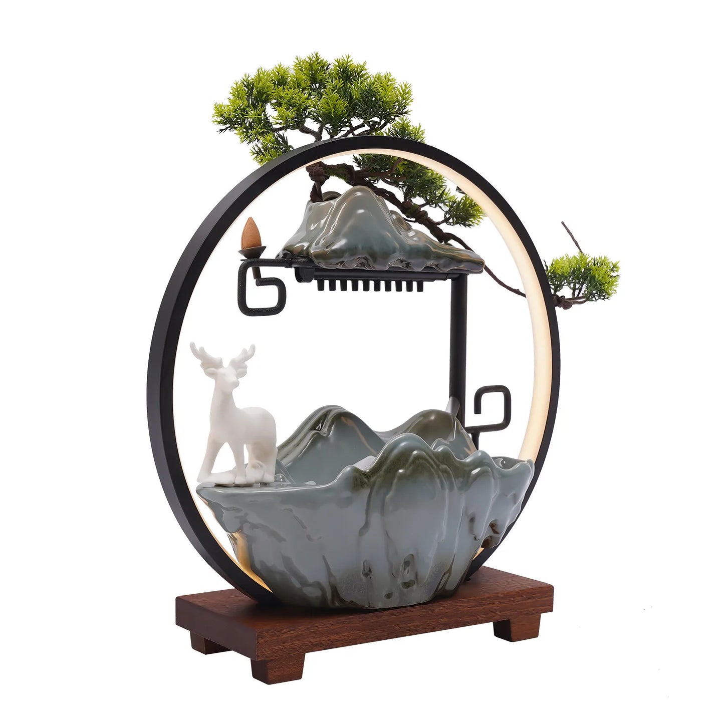 110V Ceramic Tabletop Fountain With LED Deer Figurine And Pine