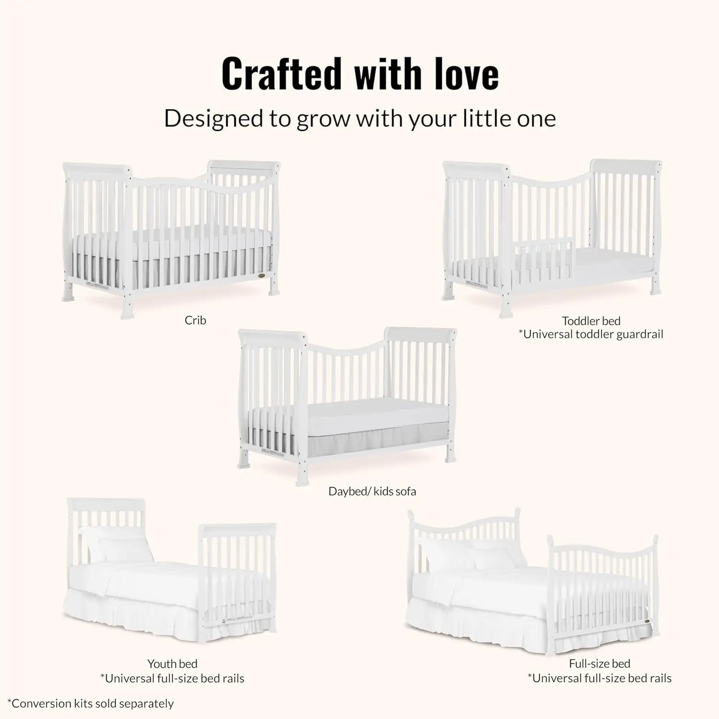 7-in-1 Convertible Full-Size Baby Crib in White, Greenguard Gold Certified, Adjustable Mattress Heights, Sustainable Pinewood
