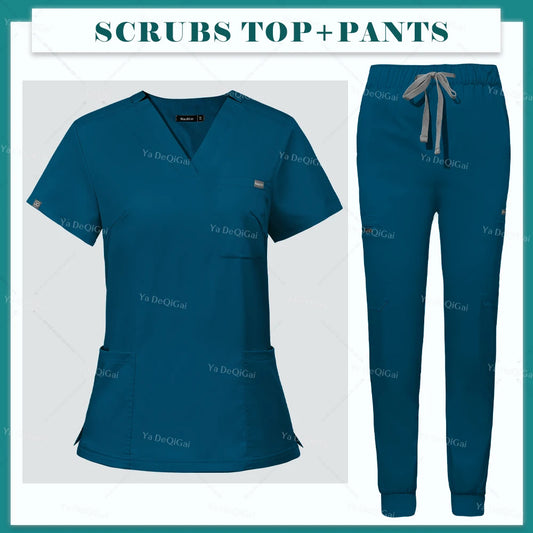 Scrubs Uniform Suit Short Sleeve V-neck Tops+jogger Pants Set Nursing Uniform Women Multicolor Pet Doctor Scrub Medical Workwear