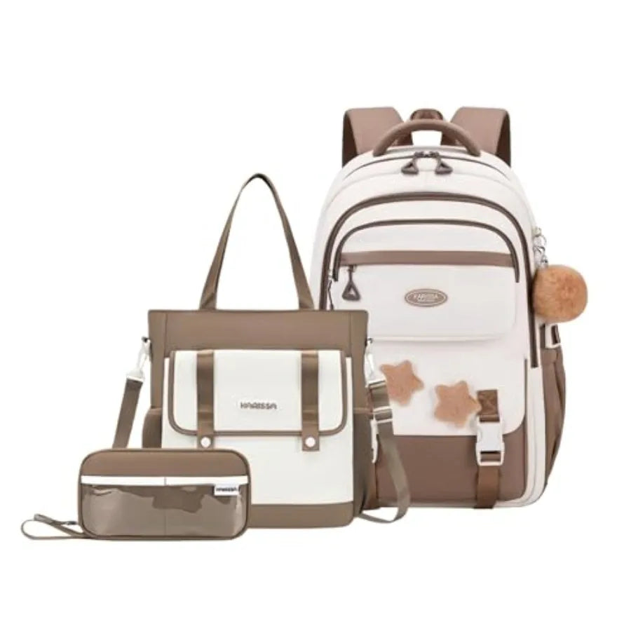 Girls School Backpack Tote With Star Pins And Furry Pendant
