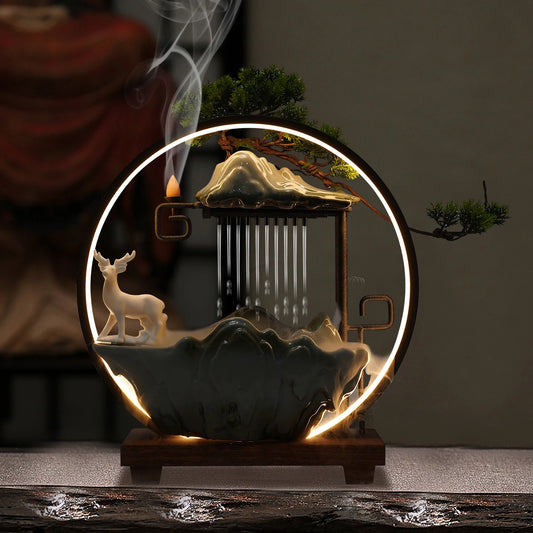 110V Ceramic Tabletop Fountain With LED Deer Figurine And Pine
