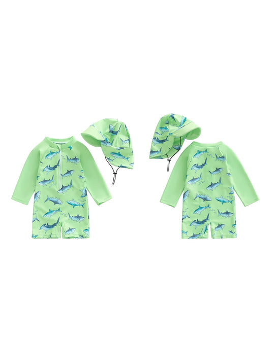 Meihuida Baby Rash Guard Swimsuit With Shark Print Zipper Cap