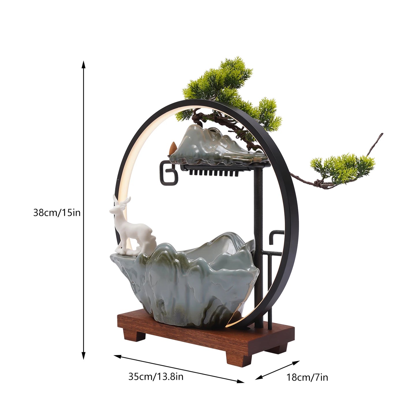 110V Ceramic Tabletop Fountain With LED Deer Figurine And Pine