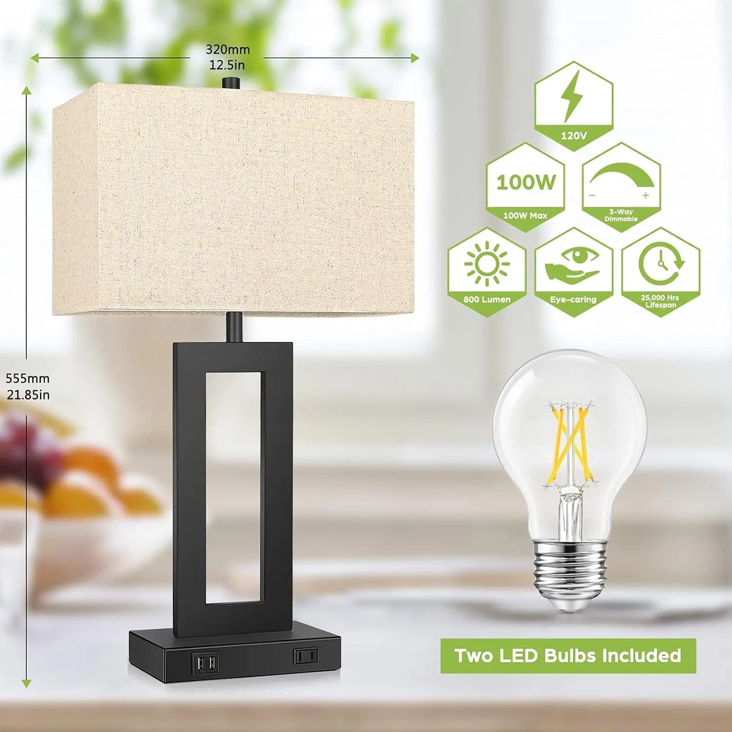 Two Pack Touch Table Lamp With USB Ports Dimmable