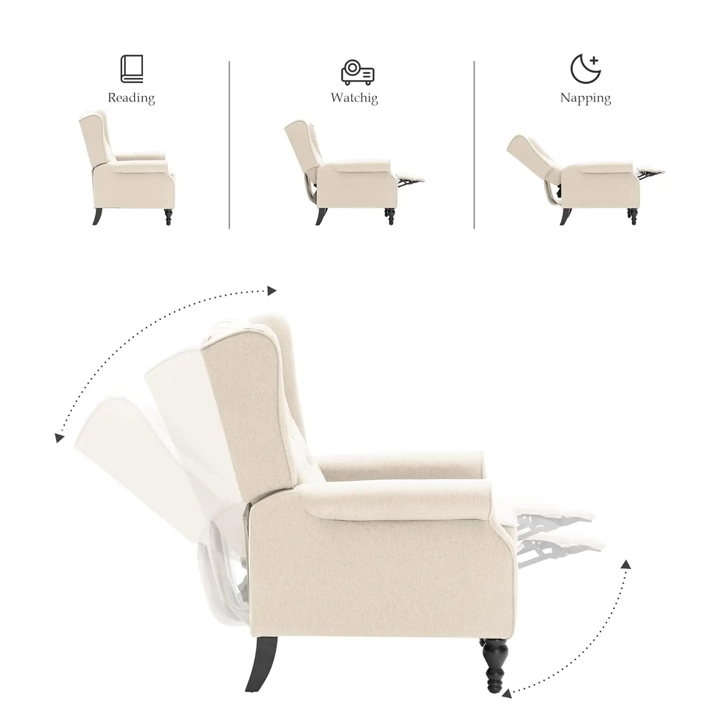 Mid Century Wingback Linen Recliner Chair With Button Tufted Upholstery