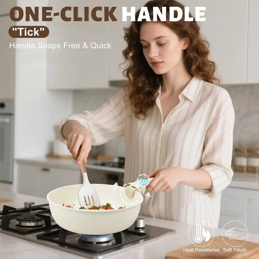 Induction Ceramic Nonstick Pots and Pans Set with Detachable Handles