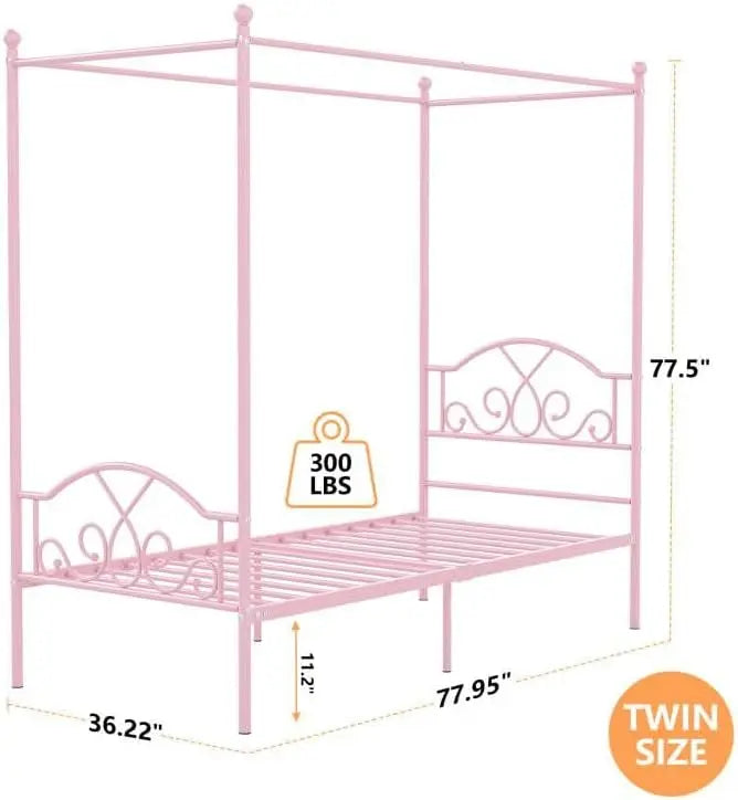 Princess Canopy Bed Frame With Four Metal Posts For Kids