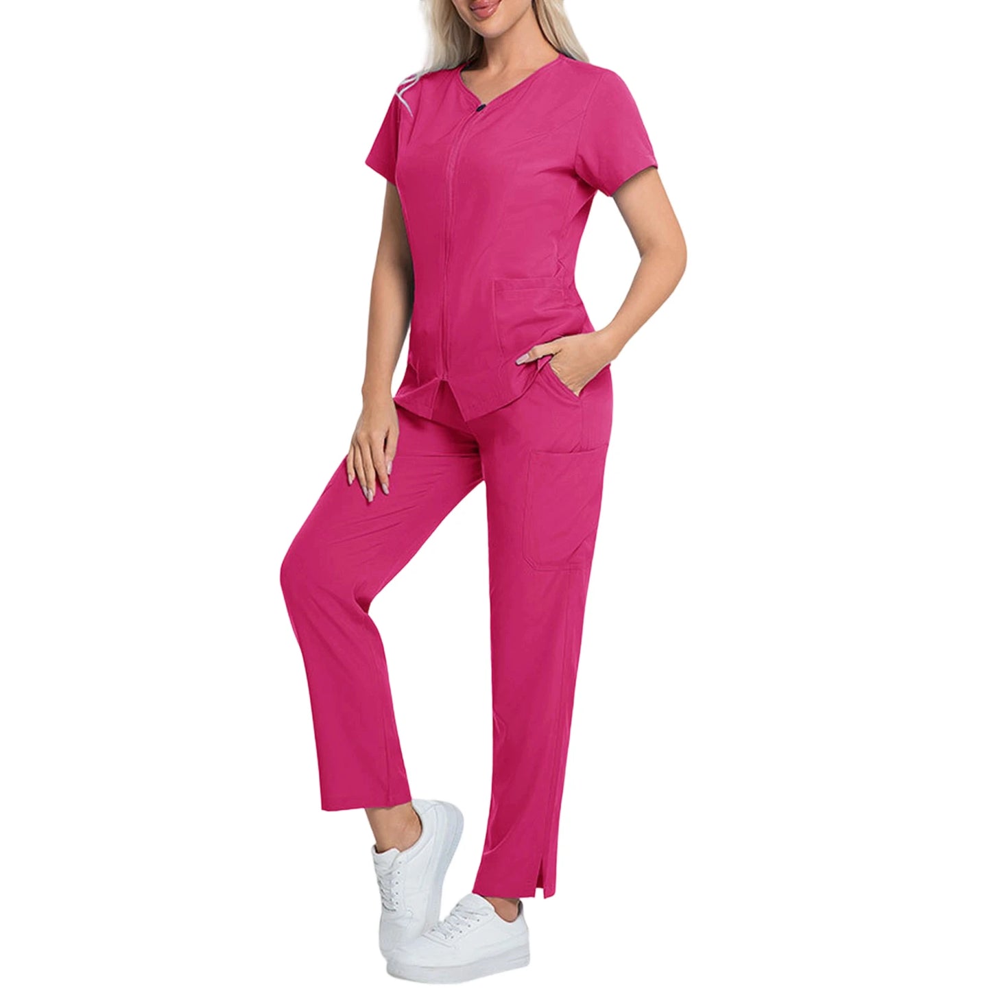 Women's Nurse Scrub Set V-Neck Short Sleeve Zipper Medical Uniform