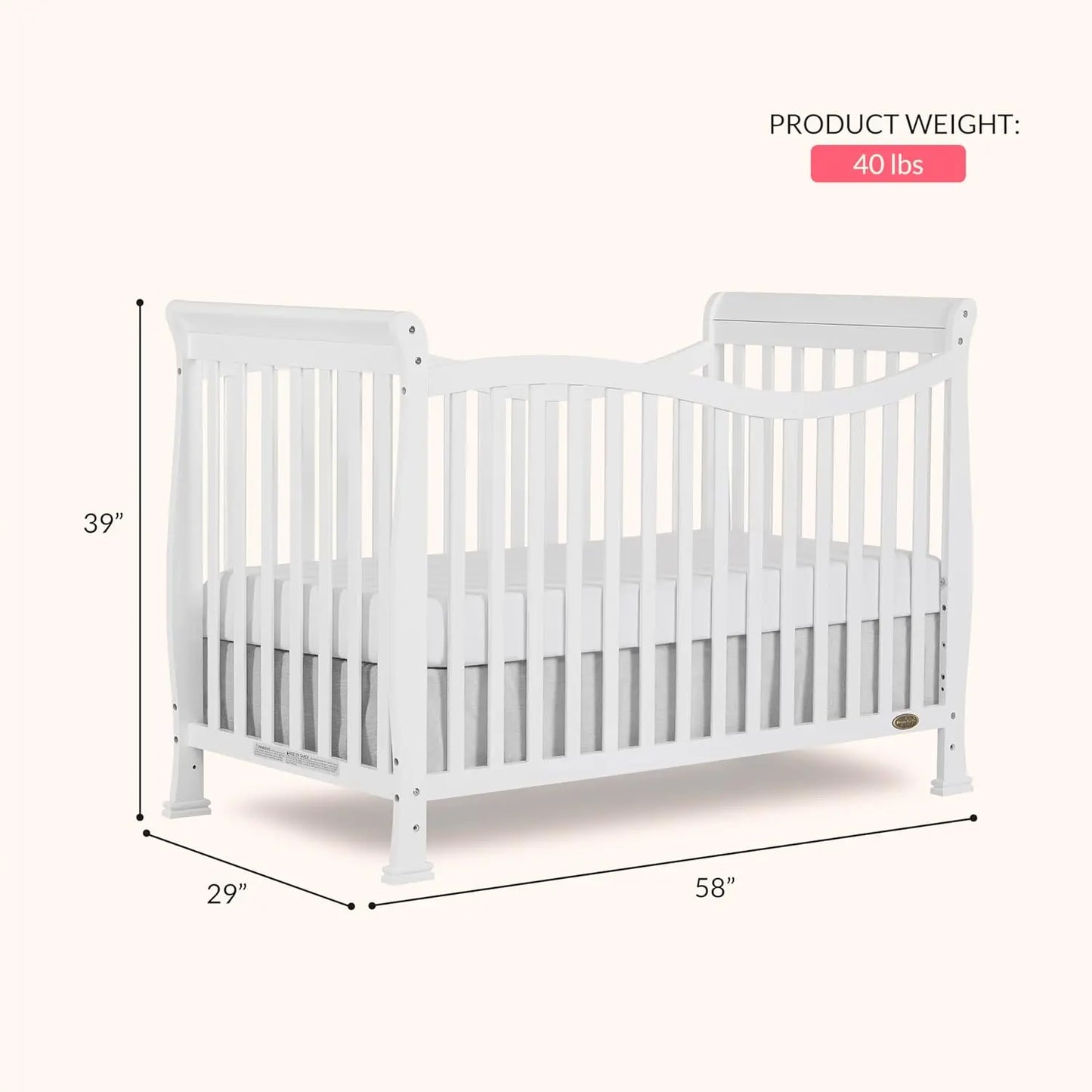 7-in-1 Convertible Full-Size Baby Crib in White, Greenguard Gold Certified, Adjustable Mattress Heights, Sustainable Pinewood