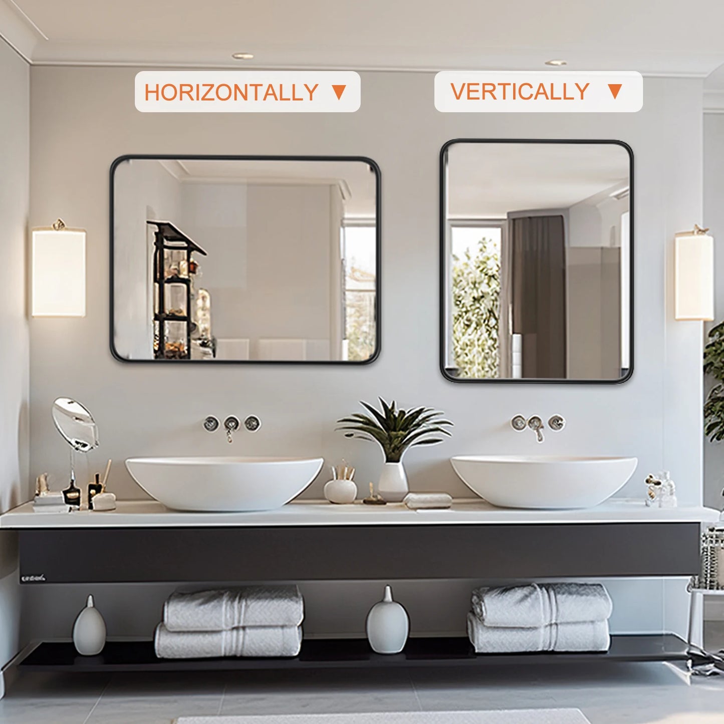 JHK Matte Metal Framed Bathroom Mirror Rectangle Rounded Corner Tempered Glass